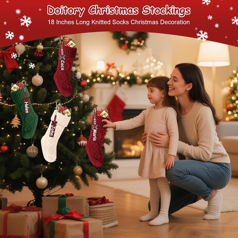 Doitory Store Christmas Stockings 18 Inches,Long Knitted Stocking with Name Tags, Christmas Decoration Hanging Stockings Fireplace Xmas Tree Ornaments for Home Family - Image 2